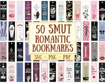Pacote de Marcadores de Livros "Smut Slut", Marcadores Fofos, Pacote de Marcadores Picantes em SVG e PNG, 50 Marcadores Literários, Marcadores em PDF para Imprimir, Presente para Amantes de Livros