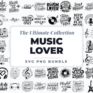 May include: A collection of black and white music-themed SVG and PNG designs. The central text reads "MUSIC LOVER" with various musical elements and phrases like "Music is my escape" and "Feel the beat".