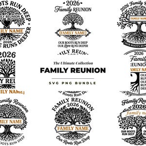 May include: A digital collection of black and white graphic designs featuring tree of life illustrations for family reunions. The text includes 2026, Family Reunion, Our Roots Run Deep, Our Love Runs Deeper, and placeholders for Family Name.