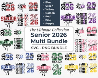 Senior 2026 SVG-Bundle, Klasse von 2026 PNG, Abschluss Senior-Shirt-Design, Rot Blau Grün Gelb Golden Pink Lila: Abschluss SVG-Schnittdateien