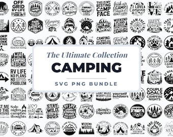 Pacote de arquivos SVG para acampamento, citações sobre fogueiras em SVG e PNG, arquivos Cricut para acampamento em trailers, clipart de aventuras ao ar livre em acampamento, designs SVG para a vida de campista.