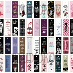 May include: A collection of various rectangular bookmarks with gothic and romantic themes. Designs include skulls, roses, quotes, and illustrations. Colors range from black and white to pink and purple. Some bookmarks have text like "Dark Romance".