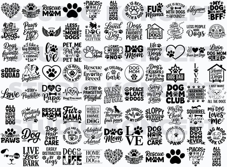 May include: A collection of black and white dog-themed designs. The images include paw prints, hearts, and phrases like "Dog Mom," "Rescue Mom," and "Love." These designs are suitable for various crafts and products.