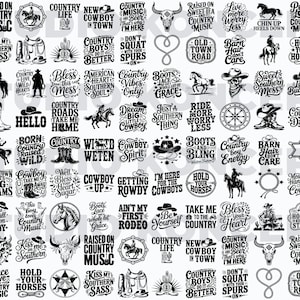 May include: A collection of black and white country-themed graphics. The designs include cowboy hats, boots, horses, and phrases like "Country Life," "Hold Your Horses," and "Boots and Bling." Ideal for country music and western-themed crafts.