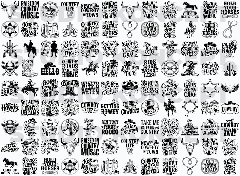 May include: A collection of black and white country-themed graphics. The designs include cowboy hats, boots, horses, and phrases like "Country Life," "Hold Your Horses," and "Boots and Bling." Ideal for country music and western-themed crafts.