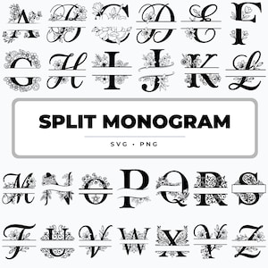May include: A collection of black and white split monogram letters from A to Z, each featuring unique floral and botanical embellishments. The image includes the text SPLIT MONOGRAM, SVG, and PNG, showcasing a variety of decorative typography.
