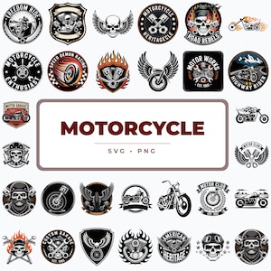 May include: A collection of motorcycle-themed graphic emblems and icons featuring skulls, engines, wings, and motorcycles. The central rectangular box displays the text MOTORCYCLE SVG PNG in dark red and black lettering on a white background.