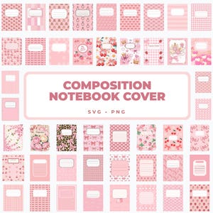 May include: A collection of digital composition notebook covers in various shades of pink, featuring patterns of cherries, strawberries, bows, hearts, and floral designs. Each cover includes a white rectangular label for text.