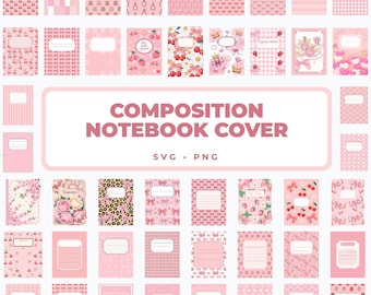 Pacote de capas para cadernos de composição, capa rosa para caderno em PNG, capas de caderno para imprimir, designs de cadernos escolares KDP