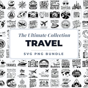 Könnte beinhalten: Eine Sammlung von schwarz-weißen SVG- und PNG-Grafiken zum Thema Reisen. Die Designs umfassen Sätze wie "Travel is my therapy" und Bilder von Flugzeugen, Koffern und Kompassen.