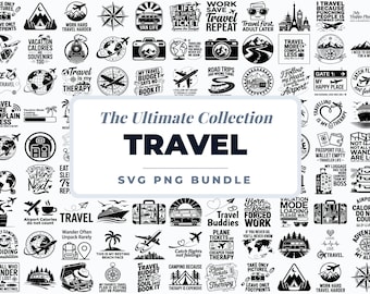 Pacote de arquivos SVG para viagens, citações de férias em PNG, clipart de aventura, designs para viajantes, ícones de viagem em SVG, pacote para sublimação Cricut