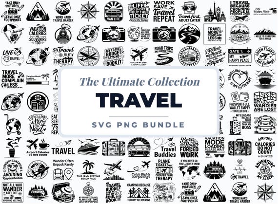 Travel SVG Bundle, Vacation Quotes PNG, Adventure Clipart, Wanderlust Designs, Travel Icons SVG, Cricut Sublimation Bundle