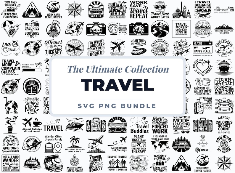May include: A collection of black and white travel-themed SVG and PNG graphics. The designs include phrases like "Travel is my therapy," "Wander often, unpack rarely," and images of airplanes, suitcases, and compasses.