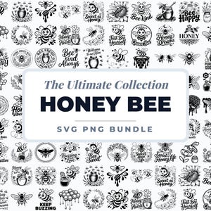 May include: A selection of black and white honey bee-themed SVG and PNG graphics. The designs feature bees, honey pots, honeycomb, and text like "Honey Bee," "Bee Kind," and "Sweet as Honey." Ideal for crafting projects.