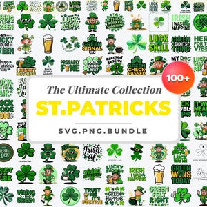 Puede incluir: Una colección de gráficos SVG y PNG con temática del Día de San Patricio. Los diseños presentan tréboles, duendes, jarras de cerveza y varias frases como "Suerte", "Irlandés" y "Vibing Green". También se incluye el texto "The Ultimate Collection ST. PATRICKS".