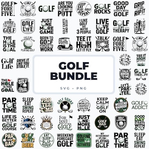 May include: A digital collection of black and white golf-themed graphic designs featuring various slogans and illustrations of golf balls, clubs, flags, and carts. The central text reads GOLF BUNDLE SVG PNG, surrounded by numerous circular and shield-shaped emblems.