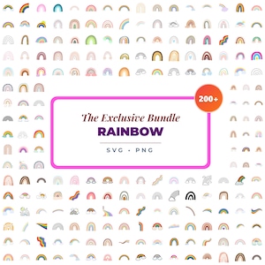 May include: A digital collection of over 200 rainbow illustrations in various styles, colours, and line weights. A central pink-bordered box contains the text The Exclusive Bundle RAINBOW SVG PNG and a circular orange badge with the text 200+.