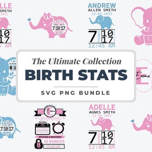 Birth Stats SVG Bundle | Baby Announcement Template, Newborn Stats Sign, Nursery Print, Editable Baby Stats PNG, Elephant Baby Design