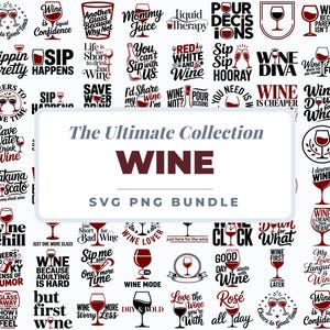 Puede incluir: Un conjunto de gráficos SVG y PNG con temas de vino. Los diseños presentan copas de vino, citas y frases como "Wine Time", "Sip Happens" y "Rosé all day". La combinación de colores incluye rojo, negro y blanco.