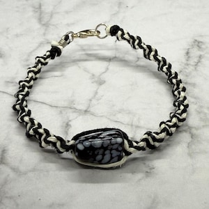 Natural Braided Hemp Bracelet | Lampwork Glass Bead | Hemp Jewelry | Handmade Jewelry | Black and White