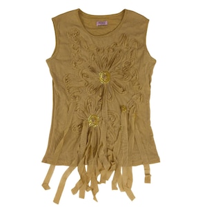 May include: Mustard-coloured sleeveless top with floral embellishments. The top features two large flower designs with sequin centres and dangling fabric strips. The top has a scoop neck and a small tag at the neckline.