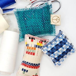 3 Handwoven Minimalist Pincushions/Affordable Upcycled Hostess Gift for Travel Kit, Sewing, Quilting/Farmhouse Cottage Boho Chic