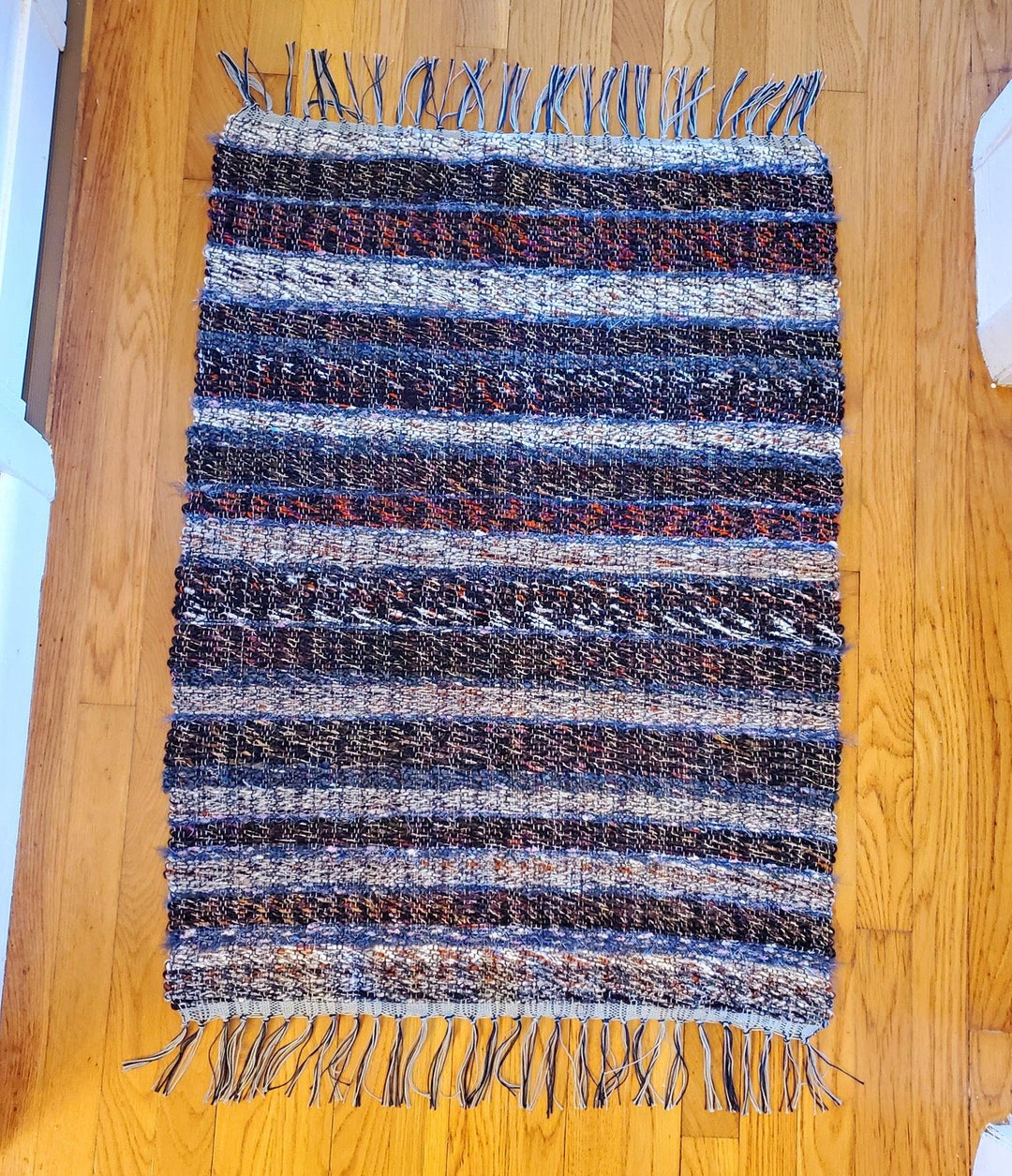 Woven Wool Rag Rug Handwoven Wool Rag Rug – Handspun Yarn, Upcycled Coastal Cottage ...