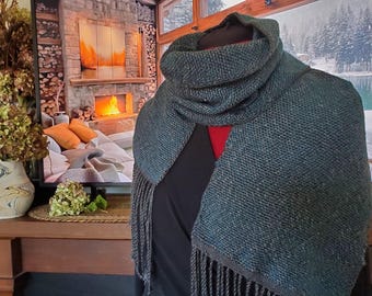 Handwoven Wool Scarf in Teal & Dark Grey