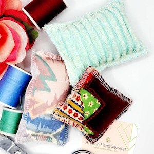 3 Vintage Fabric Minimalist Pincushions/Affordable Upcycled Hostess Gift for Travel Kit, Sewing, Quilting/Farmhouse Cottage Boho Chic