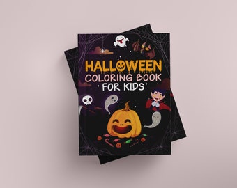 May include: A black and purple Halloween coloring book for kids with a smiling jack-o'-lantern, ghosts, a vampire, and a spider web on the cover. The title is "Halloween Coloring Book for Kids".