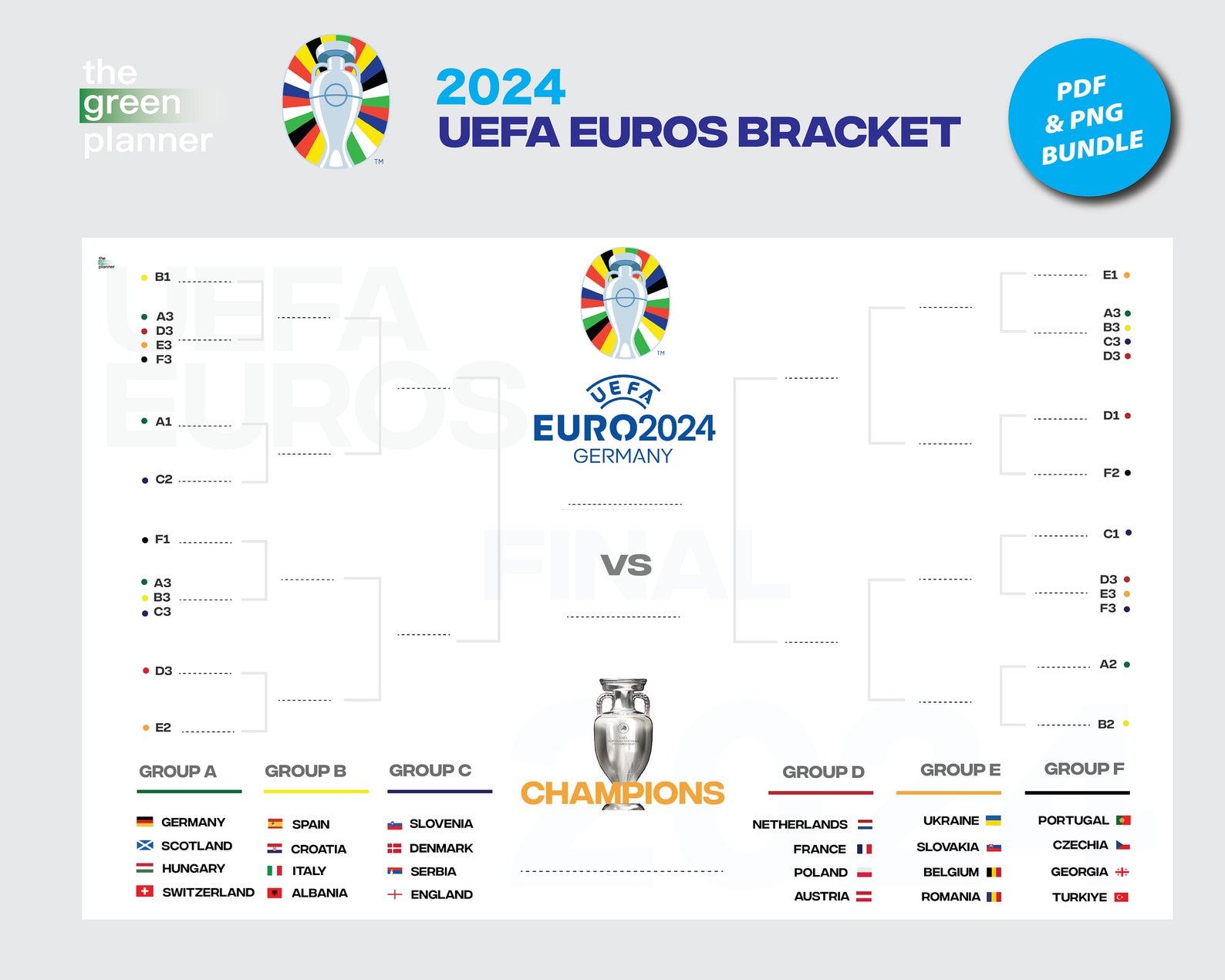 UEFA Euros 2024 Bracket Bundle Printable PDF & PNG Color and Monotone Versions Etsy