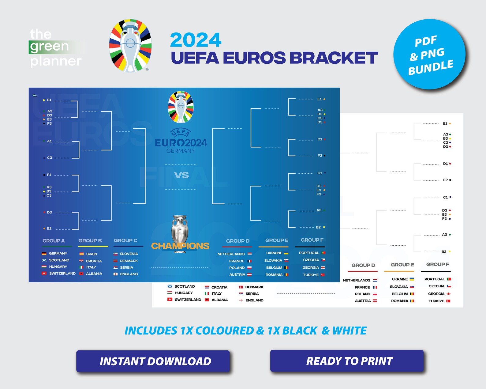 UEFA Euros 2024 Bracket Bundle Printable PDF & PNG Color and Monotone