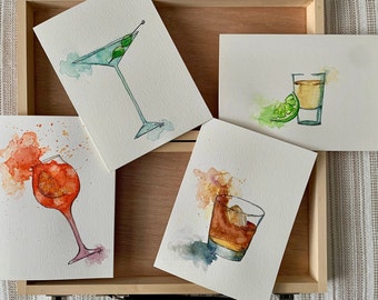 Set of 4 Happy Hour Cocktail Watercolor Cards