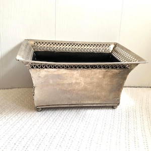 Rectangular silver-plated metal planter on a stand - with an ornate border - handmade