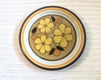 Ensemble 2 assiettes dîner Karina Japan — Grès 10 1/2" (26 cm) — Marguerites jaunes — Stoneware japonais vintage années 70