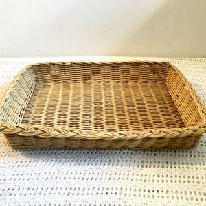 Peut inclure: Un plateau rectangulaire en osier tressé avec une finition naturelle beige clair. Le plateau présente une base plate et des bords bas et droits construits à partir de roseaux entrelacés, finis par une bordure tressée sur le rebord supérieur.