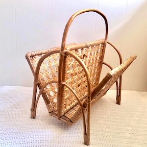 Vintage rattan magazine rack, wicker and wood magazine rack for magazines
