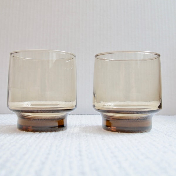 2 vintage scotch or whiskey glasses - Libbey Tawny Accent Old Fashioned - smoky brown - 1970s