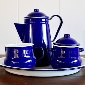 Vintage blue and white enamel teapot, sugar bowl, milk jug and large plate - Camping tea set