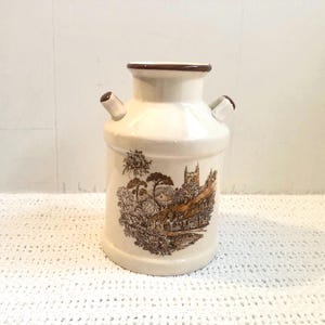 Vintage ceramic milk jug with landscape and old house image - milk pitcher - MILK inscription