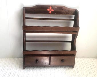 Vintage wooden spice rack with two drawers - Two-shelf wall-mounted spice rack