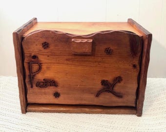 Vintage rustic wooden bread box with removable lid with "bread" inscription