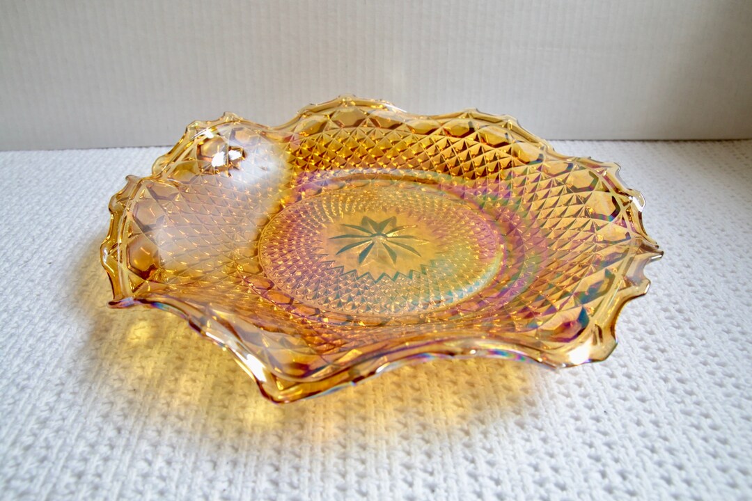 Vintage Carnival Glass Serving Plate Ruffled Edge Amber Etsy