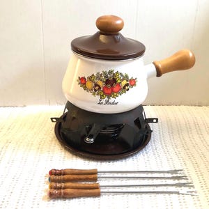 Vintage Corning Ware &quot;La Fondue&quot; Fondue Set - Fondue Pot - Enamel, Porcelain, and Wooden Handle - Vegetable Pattern