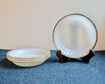 4 Vintage 7 3/4" Fire King Milk Glass Soup Bowls with Gold Rims - Golden Anniversary by Anchor Hocking - 1950s