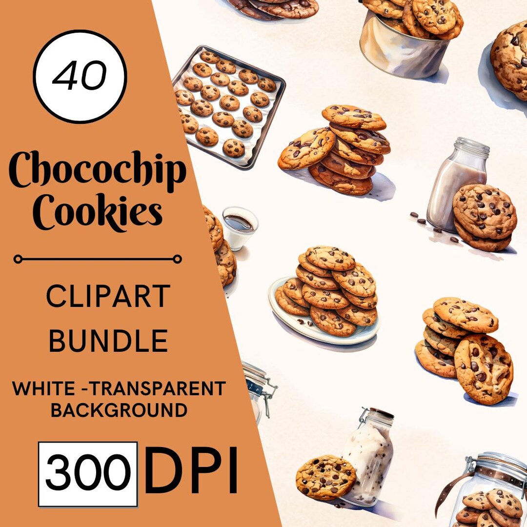 40 Chocolate Chip Cookies Watercolor Clipart: Baking Dessert Bundle ...