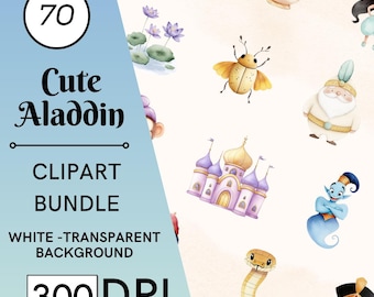 70 clipart di Aladdin ad acquerello, gelsomino, tigre, scimmia, arabo, per cameretta, uso commerciale, download digitale