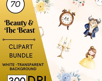 70 Watercolor Beauty and the Beast Clipart, Princess Nursery Decor, PNG, JPG, PDF Digital Download
