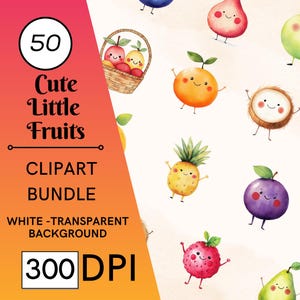 50 adorables imágenes prediseñadas de frutas pequeñas en acuarela (300 DPI, alta resolución). Adorables ilustraciones de frutas kawaii para manualidades infantiles y scrapbooking.