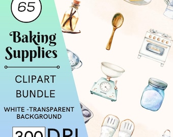 65 Watercolor Baking Clipart, Kitchen Utensils, Cooking Tools, Commercial Use, Digital Download